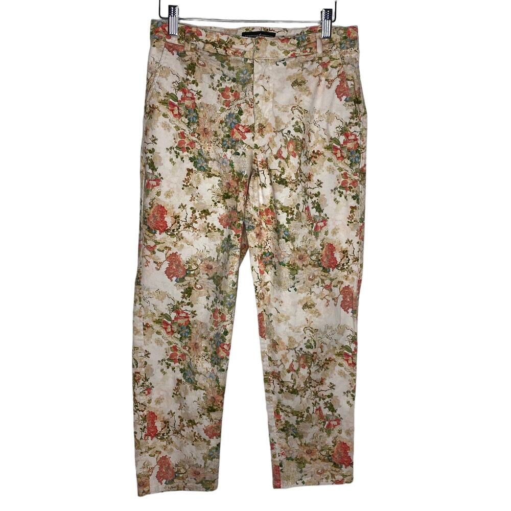 Peruvian Connection Womens Size 4 Floral Ankle Pants Cream Stretch‎ Cotton